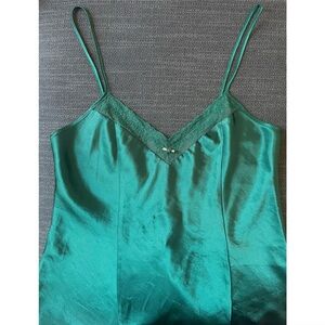 Emerald Green Satin Midi Slip Dress Lace Vintage Size Medium Lingerie Nightie